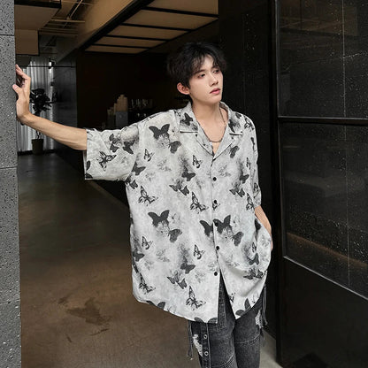 Bonsir Summer Butterfly Printed Tie-dye Shirt Men Windsor Collar Loose Casual Short Sleeve Shirts Oversize Streetwear Boy Girl Blouses