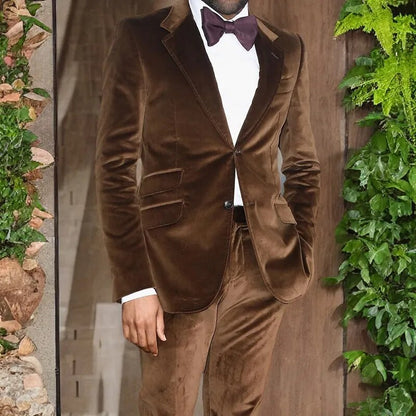 sanyamk Brown Velvet Prom Suits for Men Slim Fit 2 Piece Wedding Groom Tuxedos Male Suit Jacket with Pants Fashion Notched Lapel Blazer
