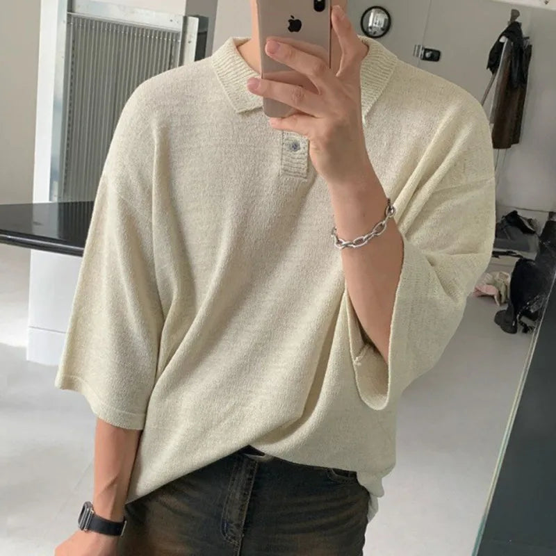 sanyamk  -  Knitted Tops Summer New Fashion Men's T-shirts Loose Casual Solid Color Turn-down Collar Short Sleeve Sweater 2024 9C6072