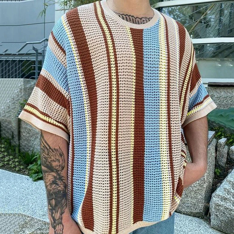 sanyamk Summer New Mens Fashion Knit Pullover Top Male Casual Loose Short Sleeve O Neck Knitted Tee Men Trendy Patchwork Striped T-shirt