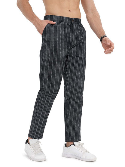 Bonsir Vintage Men Plaid Print Pants Autumn Casual Buttoned Mid Waist Straight Trousers Mens Fashion Striped Long Pant Male Streetwear