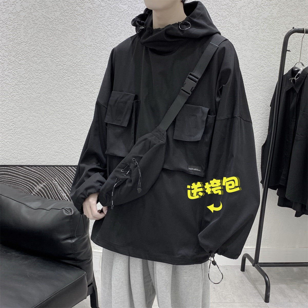 Bonsir Harajuku Solid Color Men Cargo Hoodies Streetwear Casual Hooded Sweatshirts Autumn Winter New Unisex Drawstring Pullovers