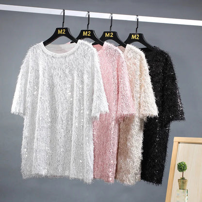 sanyamk  -  Men Women Sequin Tassels Stage Fashion Show Loose Casual Short Sleeve Tee Shirts Unisex T-shirt Party Clothing Couple Tshirts
