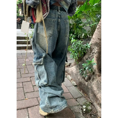 sanyamk American high street retro multi pocket design workwear jeans for men and women loose washed straight leg casual wide leg pants