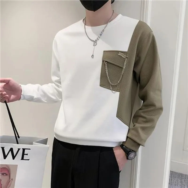 Bonsir Men Trendy Patchwork Chain Pocket Design High Street Sweatshirt Autumn Korean O Neck Long Sleeve Loose Pullover Tops Ropa Hombre