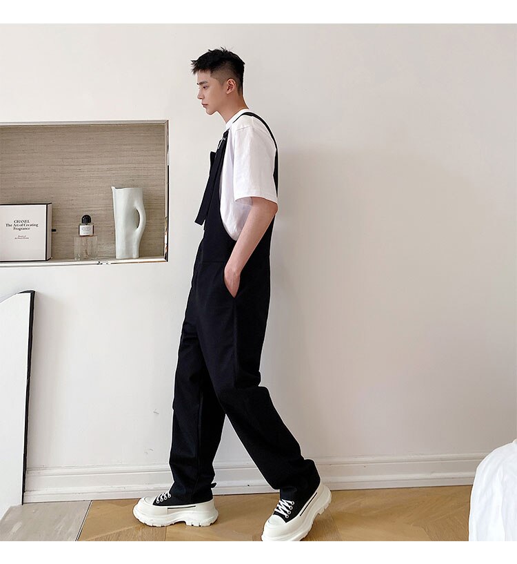 Bonsir Men's Loose Casual Overalls Pants Men Korean Japan Korean Streetwear Fashion Black White Bib Pant Male Cargo Jumpsuit Trousers