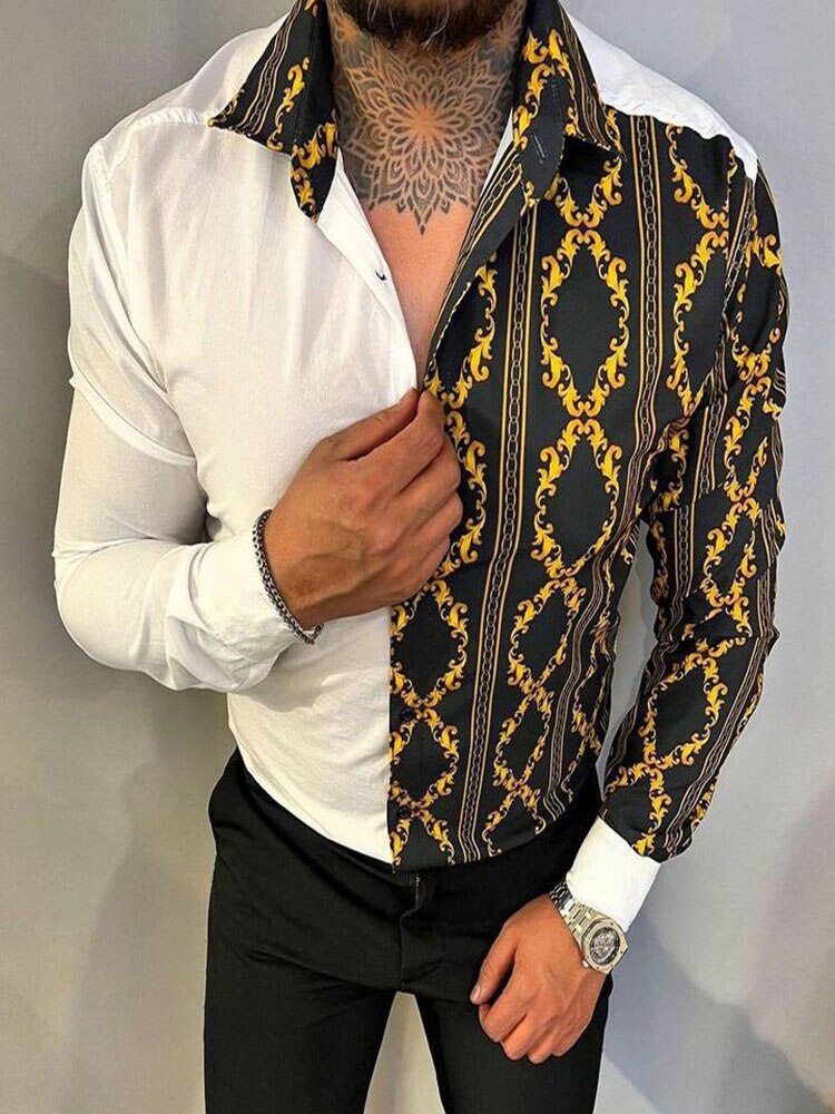 Bonsir Gentleman Turn Down Collar Basic Long Sleeve Men Button Patchwork Print Casual Shirts Streetwear High Quality Spring Autumn Tops