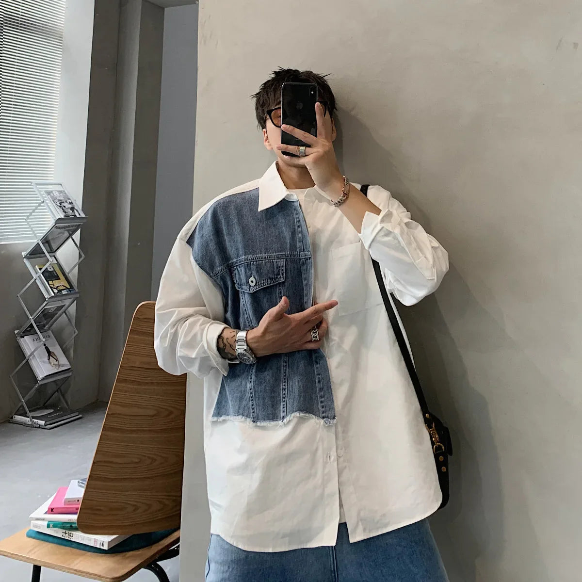 sanyamk Denim Patchwork White Shirt Men Lapel Long Sleeve Button Loose Tops Spring Autumn Fashion Vintage Shirts Streetwear Male