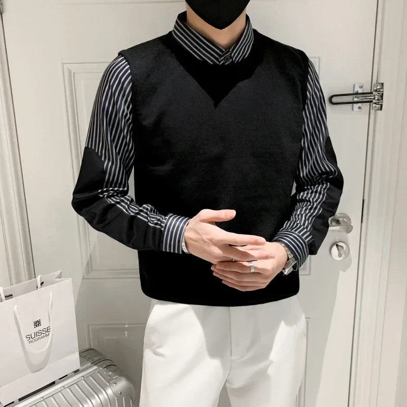 Bonsir Fake 2 Pieces Men Autumn and Winter High Quality Pullover/Male Slim Fit Fashion Striped Lapel Long Sleeve Knitted Sweaters 3XL-M