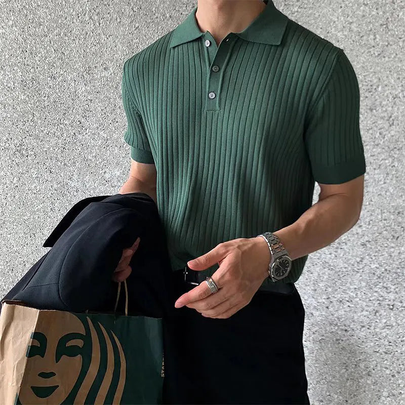 sanyamk Summer Men's Retro Knitting Lapel Stripe POLO Shirt Solid Color Thin Cozy Short Sleeve T-Shirt 2024 New