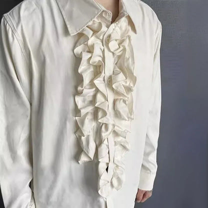 sanyamk Mens Palace Style Ruffled Long-Sleeved Shirt 2024 New Genderless Medieval Pleated Loose Retro Solid Color Stage Clothing Unisex