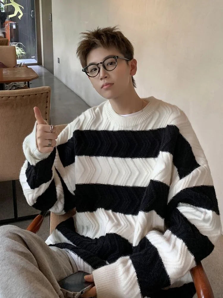 sanyamk Striped Sweaters Men Autumn Contrast Color Windproof Daily Chic Vitality College Hip Hop Fashion Simple Knitting Hong Kong Style