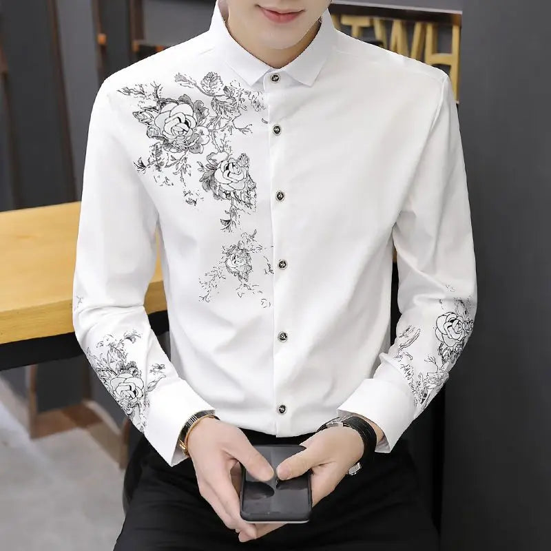 sanyamk Spring Business Casual Long-sleeved Polo Collar Men's Shirt Button Floral Printing Korean Fashion Slimming Fashion Commute Tops