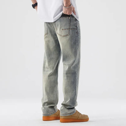 sanyamk New Vintage Aged Wash Loose Jeans Men's Straight Nostalgic Blue Pants Trend for Spring and Summer