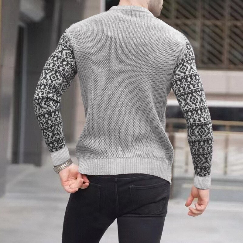 Bonsir Vintage Pattern Patchwork Long Sleeve Sweater Men Autumn Fashion Crew Neck Knitted Tops Pullover Mens Casual Slim Knit Sweaters