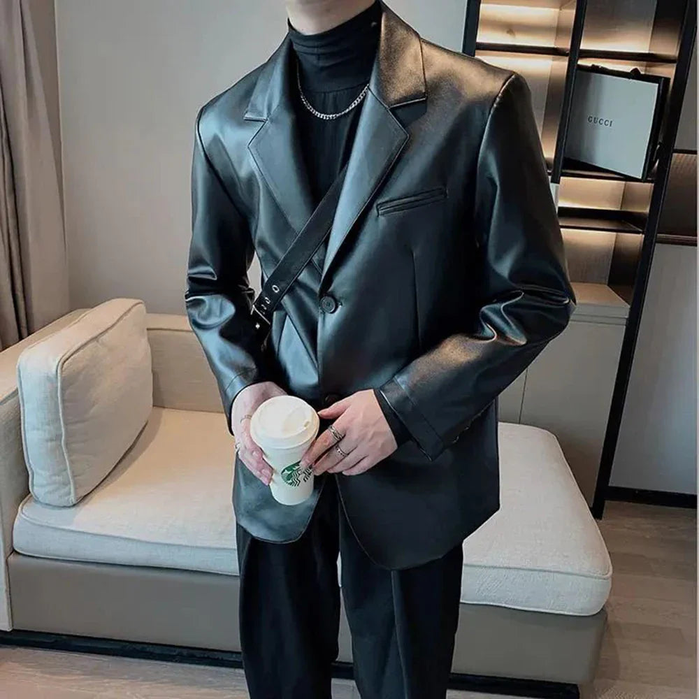 sanyamk Autumn And Winter Niche Design Mens Retro Leather Suit Leather Jacket Men'S Loose Trend British Shoulder Strap Jacket