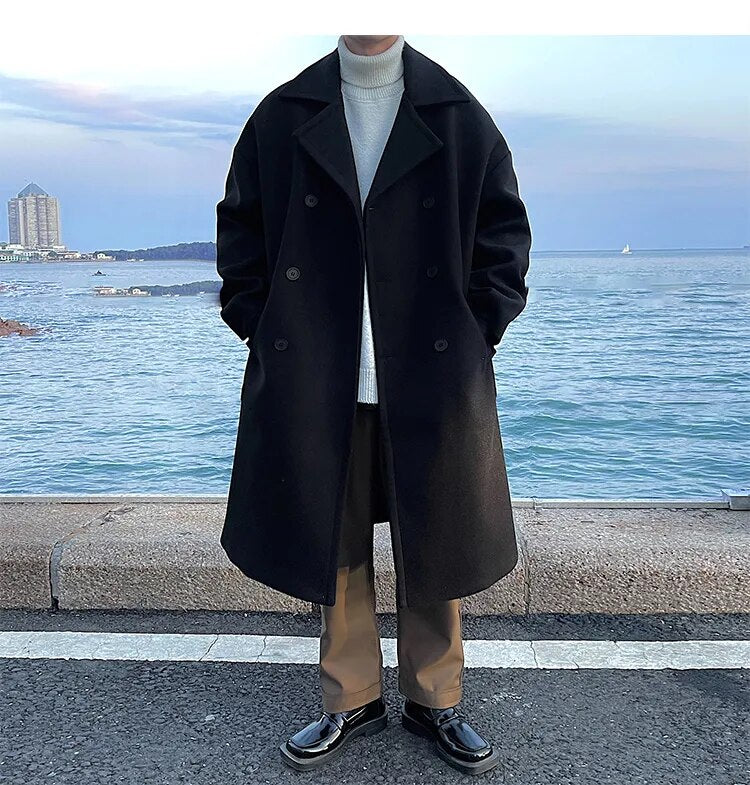 Bonsir Autumn/Winter Mid Length Woolen Coat Men's Thickened Windbreaker Overcoat Loose Large Handsome Parka Fashion Daily Men Clothing