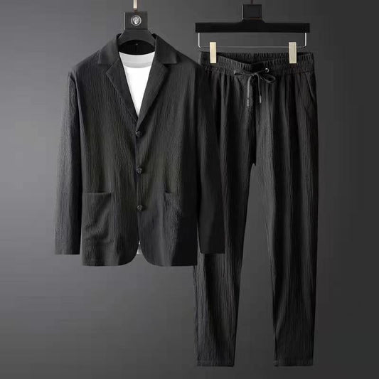 sanyamk Spring Autumn Pleated Sets Men Fashion Casual Solid Long Sleeve Blazer And Trousers Two-piece Men Suits Korean Loose Clothing