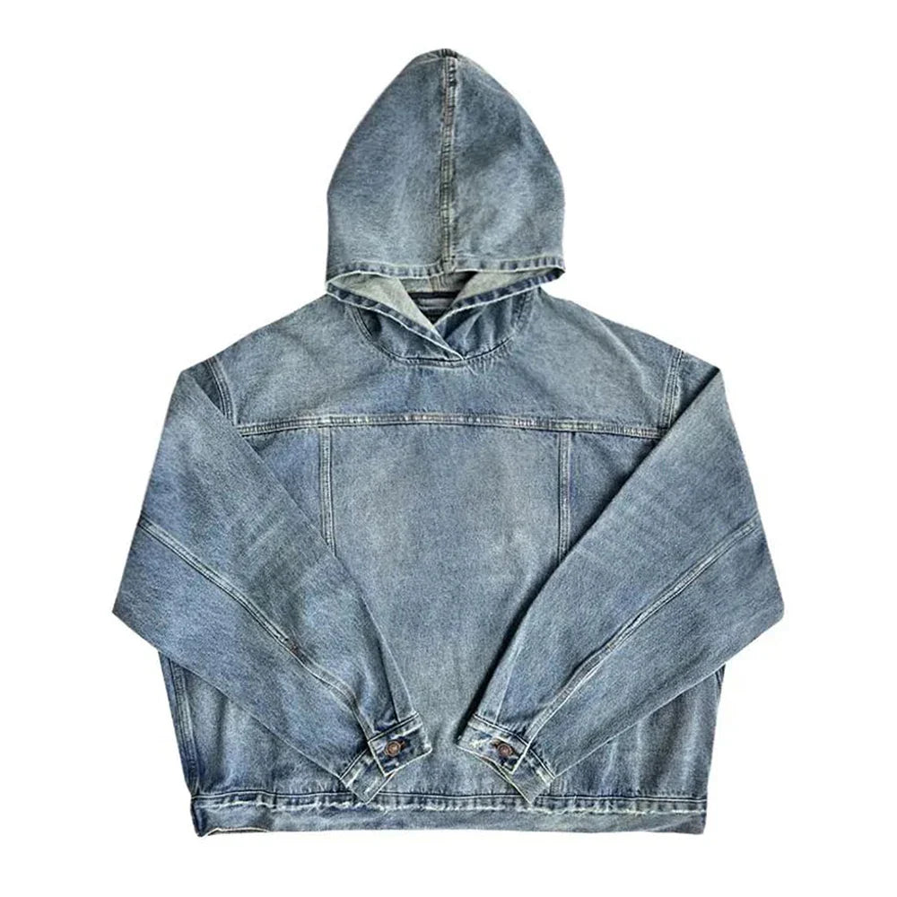 sanyamk Mens Autumn Winter Fashion Denim Washed Distressed Retro Hoodie Genderless Street Fashion Casual Loose Denim Sweatshirt Unisex