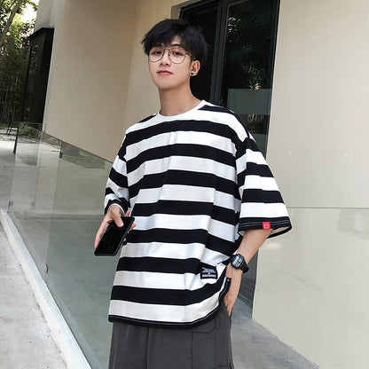 Bonsir New stripe Mens T Shirt Cotton  Summer  Male Oversized Tee Shirts 5XL Big Size Japanese Harajuku street Fashion Clothing