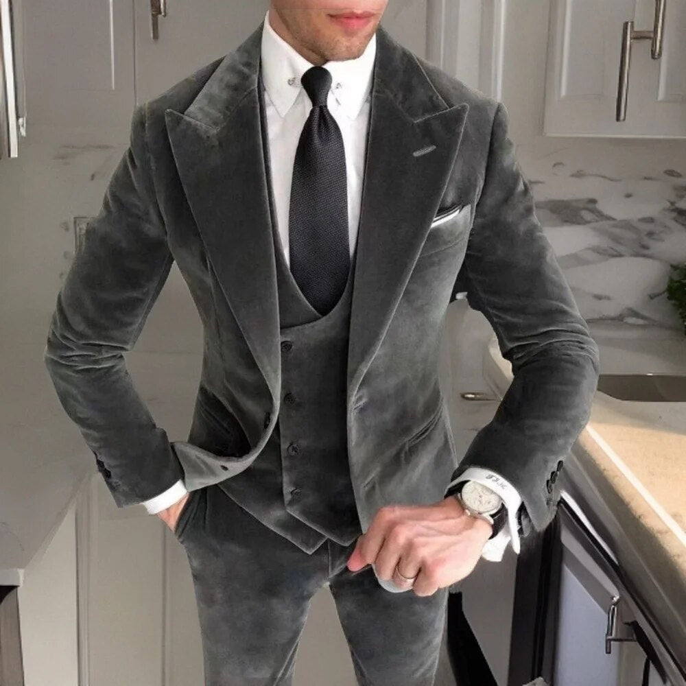 sanyamk Grey Velvet Business Suits for Men Slim Fit Peak Lapel Custom Wedding Groom Tuxedo 3 Piece (Jacket + Pants + Vest)