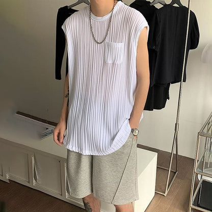 Bonsir Summer Casual Pleated Sleeveless Vest Men's Trend Sexy Sleeveless Tee Shirts Korean Loose Tabk Tops Solid All-match Streetwear