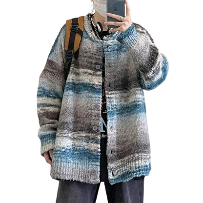 sanyamk New Retro Striped Tie-dye Contrast Color Knitted Sweater Couple Sweater Cardigan winter Trend Korean style Loose Men's Coat