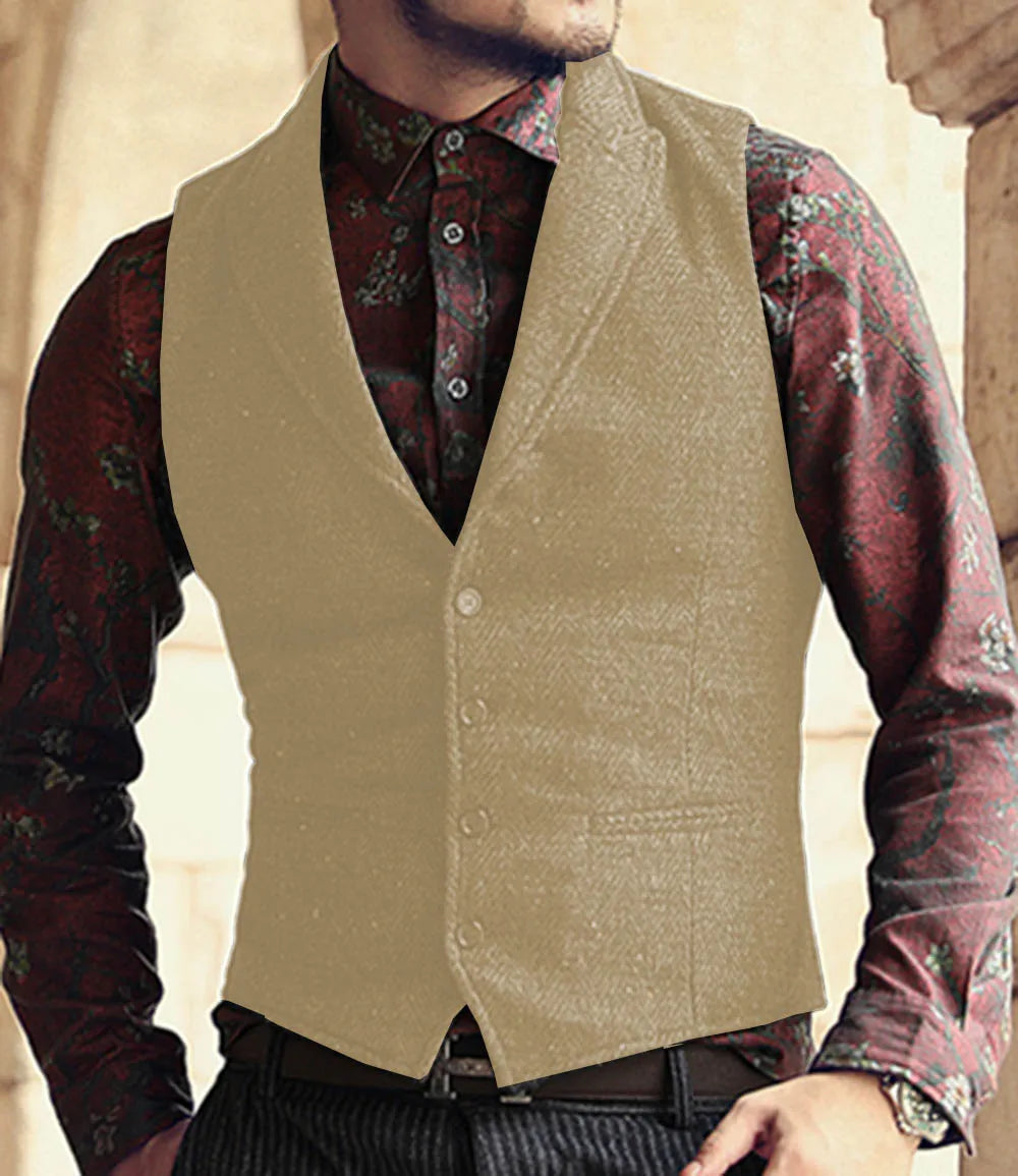 sanyamk New Men Suit Ves Classic Herringbone Pattern Business Waistcoat Notch Lapel Wool Tweed Groomsmen Waistcoat Vests For Men