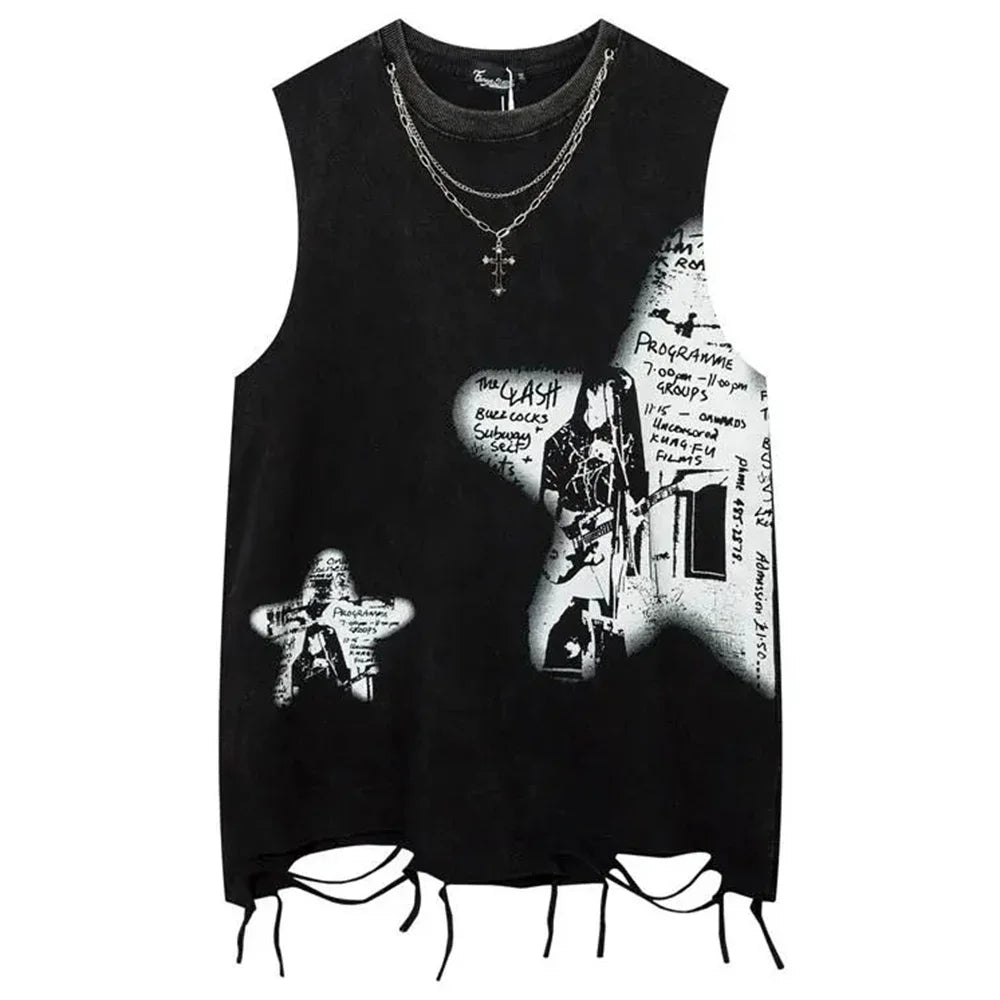 sanyamk Mens Y2k Washed Tassel Sleeveless T-shirt 2024 New Summer Rock Print Punk Gothic Vest Streetwear Retro Harajuku Vest Unisex