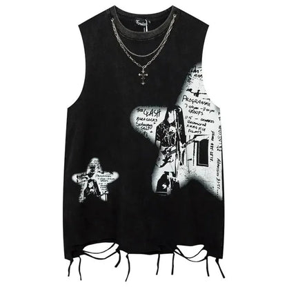 Bonsir Mens Y2k Washed Tassel Sleeveless T-shirt 2024 New Summer Rock Print Punk Gothic Vest Streetwear Retro Harajuku Vest Unisex