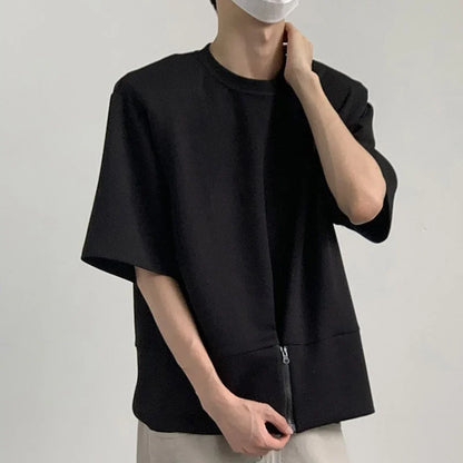 Bonsir Shoulder Pad Short Sleeve T Shirt Men's Retro Pullover Loose Design O Neck Top Half Sleeve Summer Zipper Half-sleeved Tees Shirt