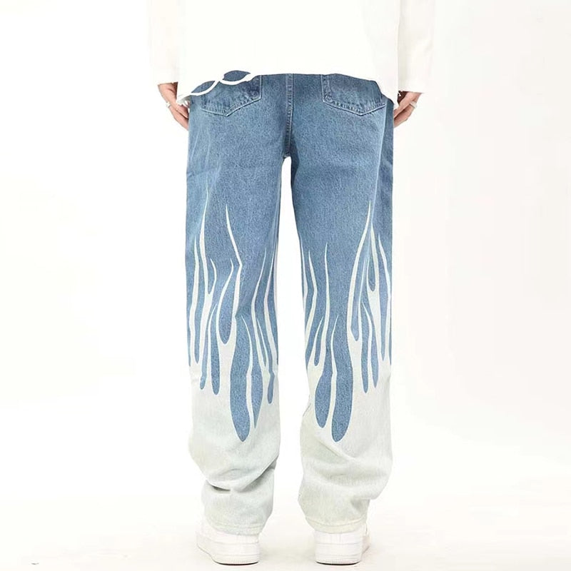 sanyamk Hip Hop Flame and Letter Print Patchwork Baggy Men's Denim Pants Harajuku Retro Straight Pocket Streetwear Casual Jeans Trousers