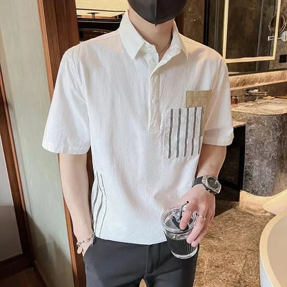 sanyamk Summer New Men's Clothing Lapel Spliced Pocket Contrasting Colors Korean Version Versatile Fashion Casual Top Polo Shirt