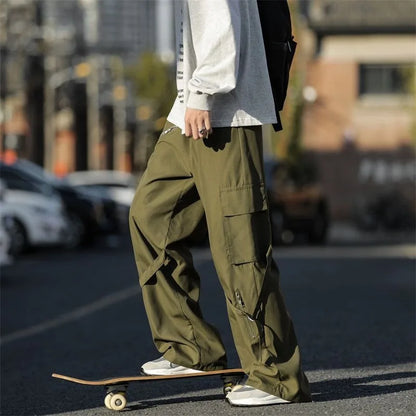 sanyamk Korean Version Vintage High Street Casual Work Pants Men's Students Solid Elastic Waist Pockets Loose Wide Leg Straight Trousers