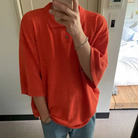 sanyamk  -  Knitted Tops Summer New Fashion Men's T-shirts Loose Casual Solid Color Turn-down Collar Short Sleeve Sweater 2024 9C6072