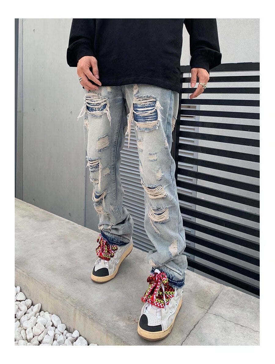 sanyamk High Street Hole Ripped Vintage Men Hip Hop Baggy Jeans Trousers Punk Distressed Retro Washed Straight Denim Pants Pantalon