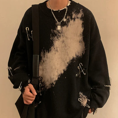 sanyamk American Retro Hole Ripped Pin Sweaters fashion Couple Tie-dye High Street Niche Sweater Pullovers Men Tops Male Clothes