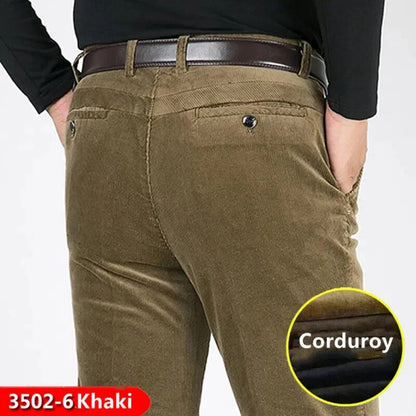 Bonsir Autumn and winter Pants Men Black Khaki Corduroy Business Casual loose elastic Straight pants thick trousers Male