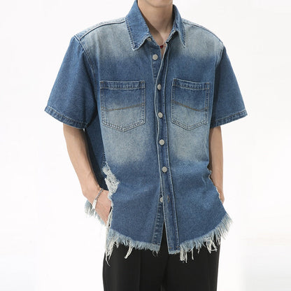 sanyamk High Street Men's Fashion Burrs Hole Denim Shirts Vintage Niche Desian Male Casual Short Sleeve Lapel Cardigan Coat