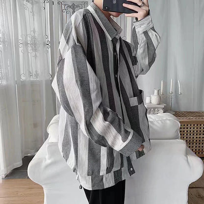 sanyamk Green White Vertical Striped Long Sleeve Shirt  Men Oversized Blouses Spring Fall Fashion Japan Vintage Hit Color Cardigan