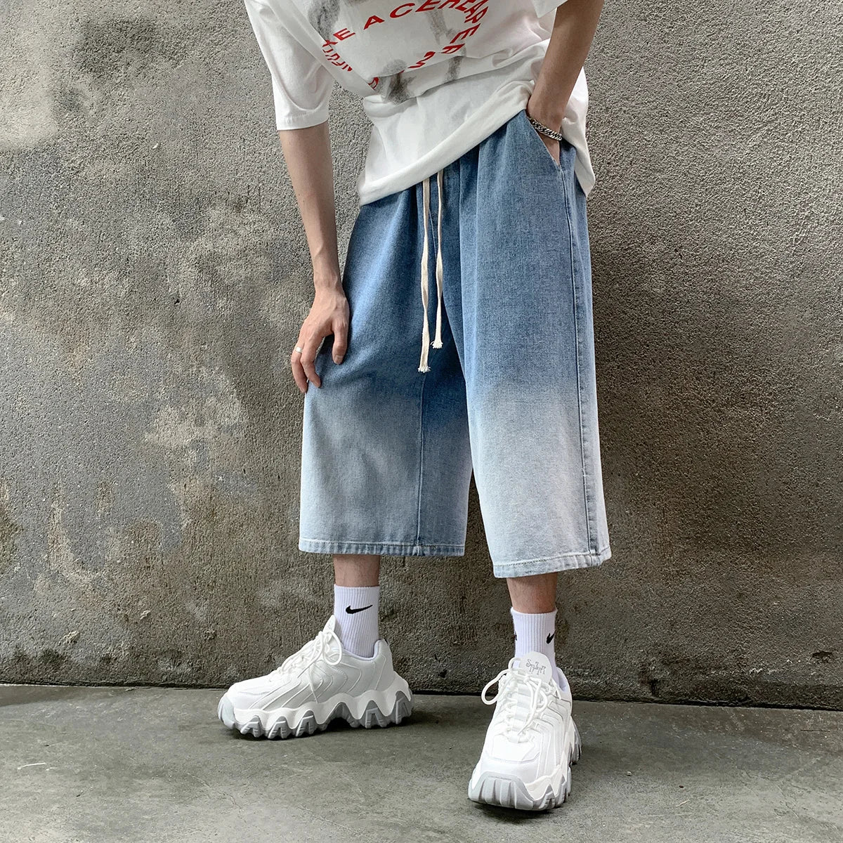 sanyamk Korean Fashion Men Gradient Denim Shorts Wide Leg  Jorts Jeans Man Summer Streetwear Oversize Casual Baggy Jeans Shorts