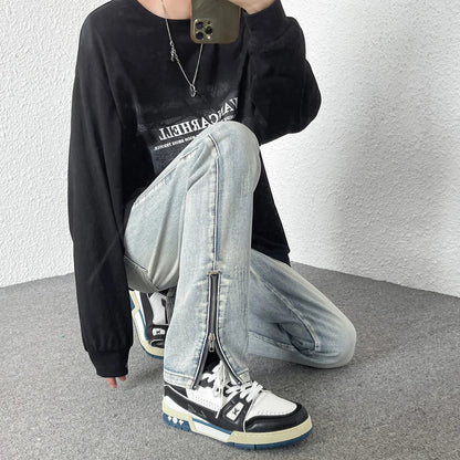 sanyamk American high street vibe tide brand retro jeans men's Korean version of the fashion loose design sense zipper split black jeans