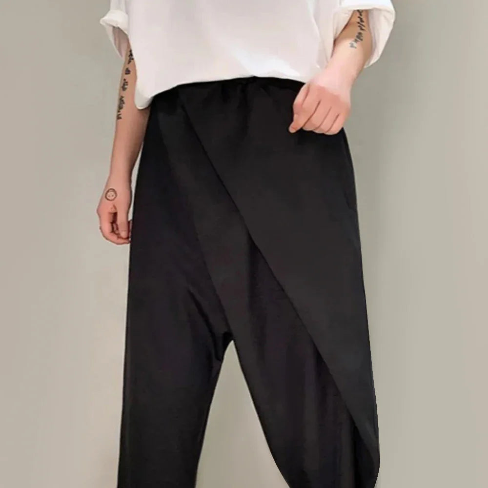 sanyamk Men Double-Layer Irregular Pleated Wide-Leg Pants 2024 New Genderless Dark Style Retro Loose Solid Color Nine-Point Pants Unisex