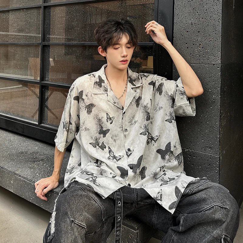 Bonsir Summer Butterfly Printed Tie-dye Shirt Men Windsor Collar Loose Casual Short Sleeve Shirts Oversize Streetwear Boy Girl Blouses