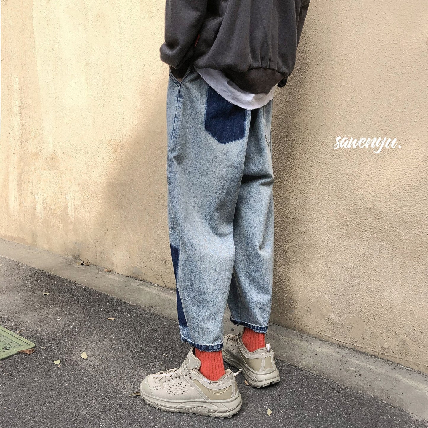 sanyamk Spring Harem Pants Men's Jeans Men Harajuku Vintage Patch Jean Pants Casual Denim Pants Hip Hop Male Ankle-length Trousers