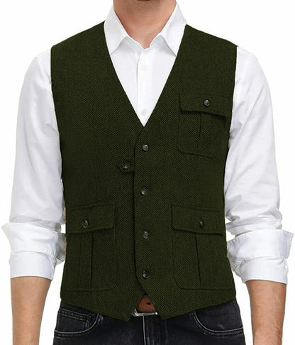 sanyamk Light Blue New Men Vest Wool Tweed Casual Waistcoat Formal Business Vest For Wedding Groomsmen Party Banquet Suit