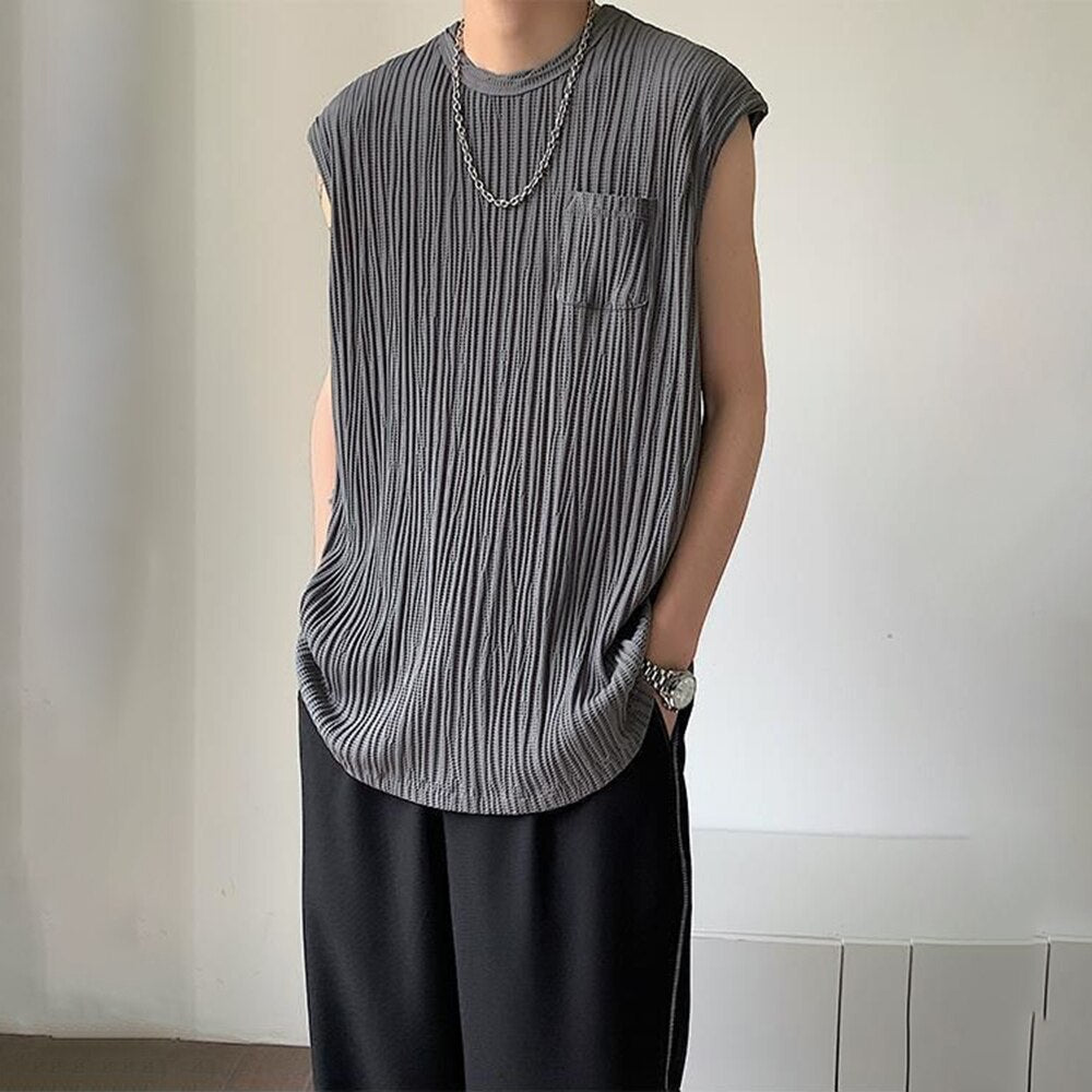 Bonsir Summer Casual Pleated Sleeveless Vest Men's Trend Sexy Sleeveless Tee Shirts Korean Loose Tabk Tops Solid All-match Streetwear