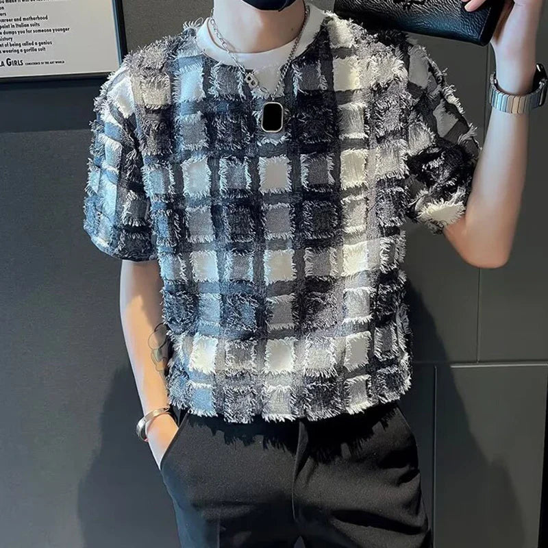 sanyamk  - 2024 Summer Vintage Plaid Crochet Mens T Shirt Short Sleeve O Neck Pullover Top Men Fashion Slim Fit T-shirts 
Men's Streetwear