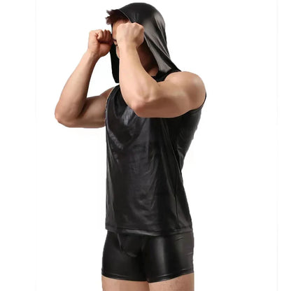 sanyamk Mens Undershirt Sexy Faux Leather Sleeveless T-Shirt Breathable Singletss Hooded Vest Top Tee Shirt Hoodie Dance Costume