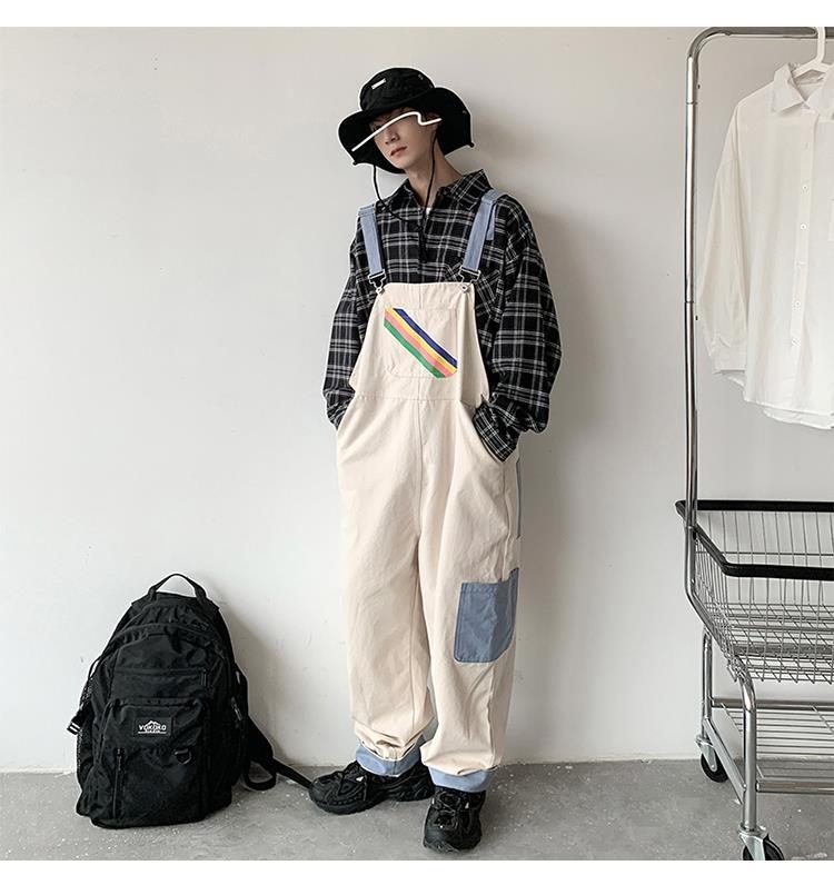 sanyamk Men Suspenders Jumpsuits Oversized Rainbow Printing Overalls Summer Straight Casual Pants Vintage Splicing Trousers Male Clothes